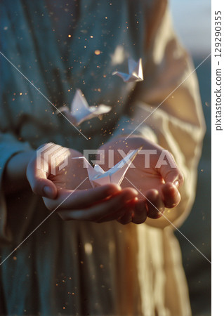 A person is holding three paper birds in their hands 129290355