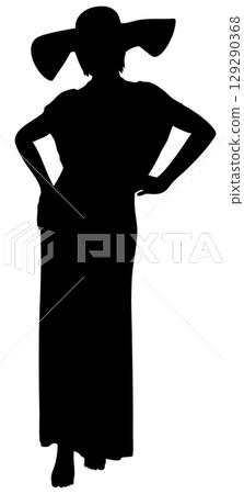 Girl in long dress and wide brimmed hat silhouette 129290368