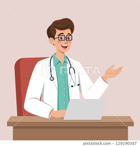 Male Doctor Working at Desk with Laptop Male Doctor Working at Desk with Laptop 129290387