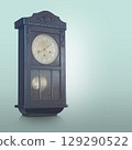 Antique and old brown and black color wall clock on gradient white and green background, object, technology, decor, ancient, old, fashion, copy space 129290522
