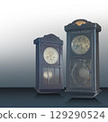 Antique and old two brown and black color wall clocks on black floor, gradient white and grey wall,background, object, technology, decor, ancient, old, fashion, copy space 129290524