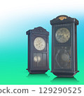 Antique and old two brown and black color wall clocks on gradient white and green background, object, technology, decor, ancient, old, fashion, copy space 129290525