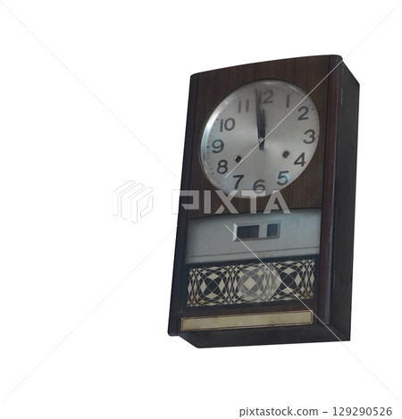 Antique brown and silver wooden wall clock on white background, object, technology, decor, ancient, old, fashion, copy space 129290526