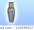antique large colorful and gold ceramic vase on gradient white and blue background, object, vintage, retro, fashion, copy space 129290527