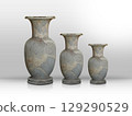 front view antique three size ceramic vases on gradient white and grey background, object, vintage, retro, copy space 129290529