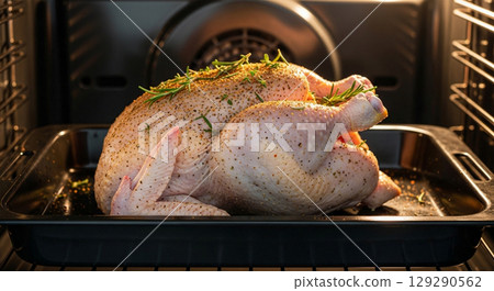 Raw chicken placed in an oven is cooking quickly, with the skin turning golden brown while being seasoned with herbs. The oven's heat enhances the cooking process. 129290562