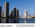 Long exposure of Chuo Bridge and buildings 129290569