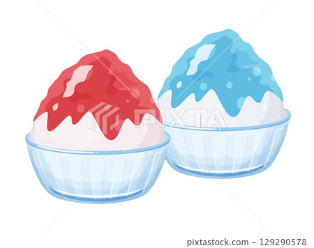 Illustration material of shaved ice served on a plate_red and light blue 129290578