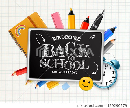 Composition of school supplies and accessories. 129290579