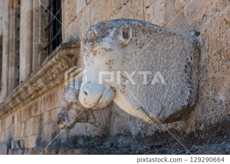 Greek sculpture of sheep ram. Greek elements of architectural decorations of buildings, columns Greek sculpture of sheep ram. Greek elements of architectural decorations of buildings, columns 129290664