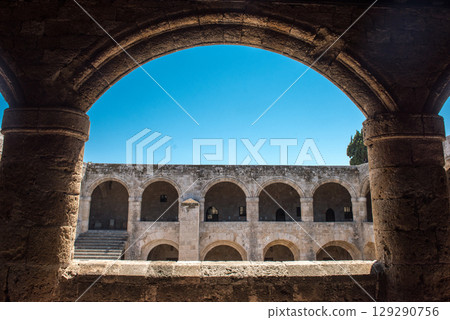 Antique architecture of old town, famous Knights Grand Master Palace. Greece, Rhodes 129290756
