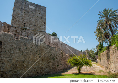 The Palace of the Grand Masters, Rhodes, Greece. Castle wall in Rhodes Greece with Blue Sky 129290776