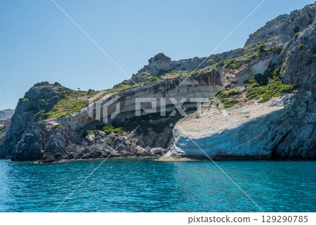 Sea and beach in Anthony Quinn bay, Rhodes island, Dodecanese, Greece 129290785
