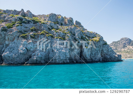 Sea and beach in Anthony Quinn bay, Rhodes island, Dodecanese, Greece 129290787