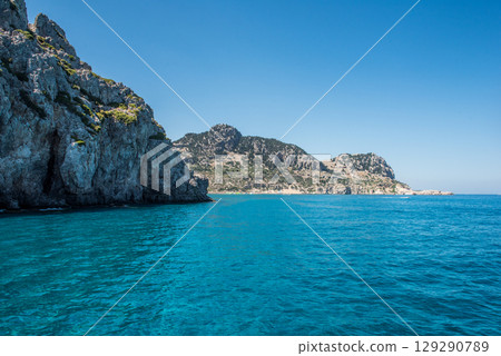 Sea and beach in Anthony Quinn bay, Rhodes island, Dodecanese, Greece Sea and beach in Anthony Quinn bay, Rhodes island, Dodecanese, Greece 129290789