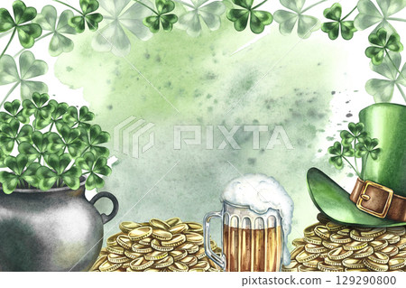 St. Patrick's Day frame. Hand-drawn watercolor illustration. A cast-iron pot with clovers, mountains of gold coins, a leprechaun's top hat, and a mug of beer. Set against a green watercolor background St. Patrick's Day frame. Hand-drawn watercolor illustration. A cast-iron pot with clovers, mountains of gold coins, a leprechaun's top hat, and a mug of beer. Set against a green watercolor background 129290800