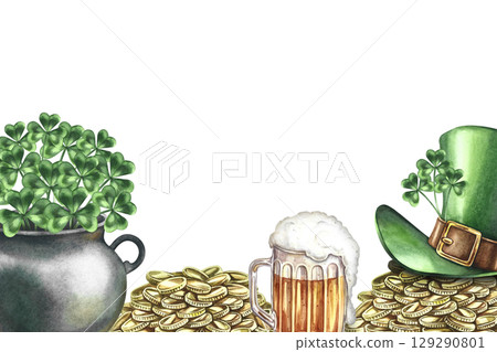 St. Patrick's Day border frame. Hand-drawn watercolor illustration. Cast-iron pot with clovers, mountains of gold coins, a leprechaun's top hat, and a mug of beer. For greeting cards, banners, flyers. 129290801