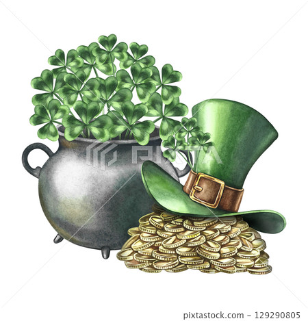A pile of gold coins under a leprechaun's top hat and a cauldron with clovers. Hand-drawn watercolor illustration. For St. Patrick's Day. For greeting cards, packaging, invitations, and festive decor. A pile of gold coins under a leprechaun's top hat and a cauldron with clovers. Hand-drawn watercolor illustration. For St. Patrick's Day. For greeting cards, packaging, invitations, and festive decor. 129290805