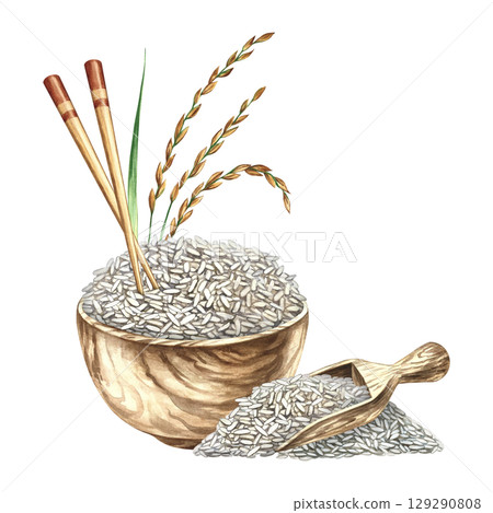 Rice with chopsticks in a wooden bowl, next to a wooden spatula and rice stalks. Hand-drawn watercolor illustration. Element of menu design, recipes and cookbooks. For banner, flyer, packaging, label 129290808
