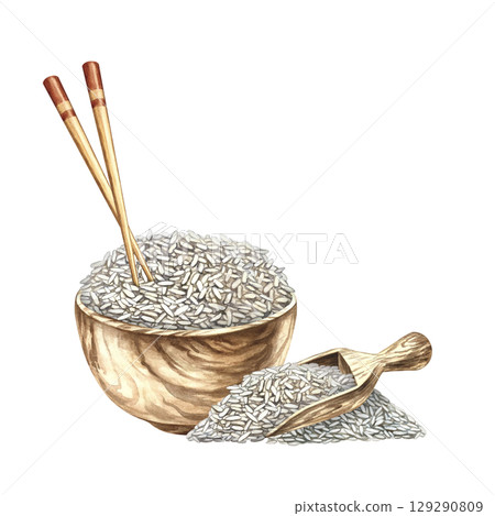Rice with chopsticks in a wooden bowl, next to a wooden rice paddle. Hand-drawn watercolor illustration. Element of menu design, recipes, and cookbooks. For banners, flyers, packaging, labels and more 129290809