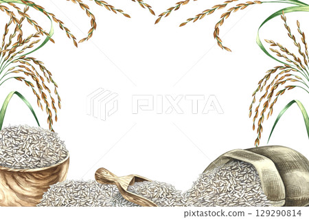 A frame with rice, an upside-down burlap bag, a wooden bowl, rice grains, and a wooden scoop. A watercolor illustration. For menus, recipes, and cookbooks, banners, packaging, labels, and more. A frame with rice, an upside-down burlap bag, a wooden bowl, rice grains, and a wooden scoop. A watercolor illustration. For menus, recipes, and cookbooks, banners, packaging, labels, and more. 129290814