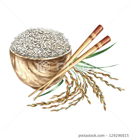 A wooden bowl with rice and chopsticks, next to rice stalks. Hand-drawn watercolor illustration. Used for menu design, recipes, and cookbooks. Used for banners, flyers, packaging, labels, and more. A wooden bowl with rice and chopsticks, next to rice stalks. Hand-drawn watercolor illustration. Used for menu design, recipes, and cookbooks. Used for banners, flyers, packaging, labels, and more. 129290815