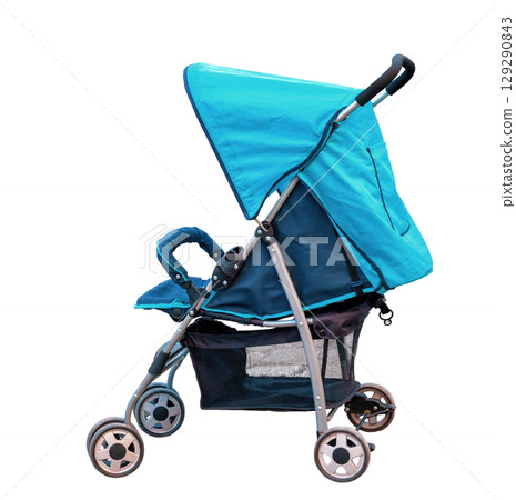 Blue baby stroller isolated on white background, side view Blue baby stroller isolated on white background, side view 129290843