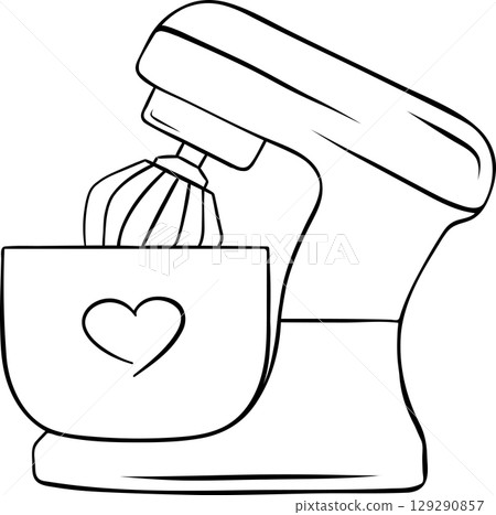 professional mixer, bakery and baking accessories, doodle and sketch style, Clean monochrome baking tool illustration perfect for packaging and recipe card designs 129290857