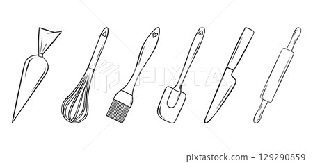 vector set of accessories for cooking and baking, bakery and baking, doodle and sketch style, simple black and white icons vector set of accessories for cooking and baking, bakery and baking, doodle and sketch style, simple black and white icons 129290859