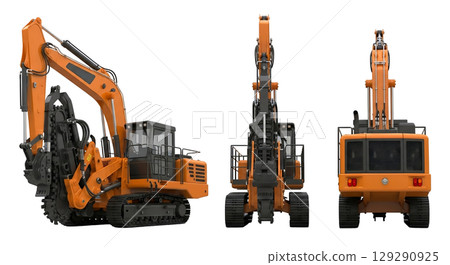 A trenching machine is shown from three perspectives, featuring a cutting chain on a boom, designed for efficient underground excavation in various terrains and conditions. 129290925
