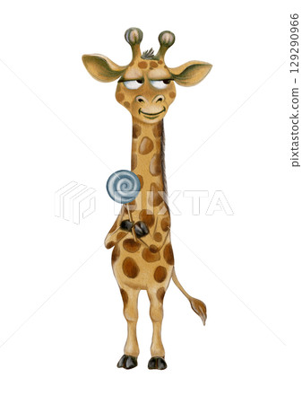 Playful giraffe character with a lollipop in a seamless watercolor pattern design 129290966
