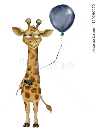 Giraffe holding a balloon in a playful watercolor design for whimsical textile patterns 129290970