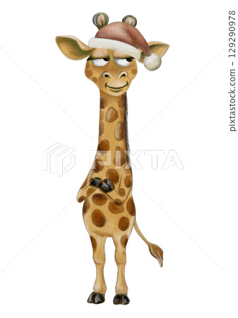 Cheerful giraffe in a festive hat perfect for holiday patterns and prints Cheerful giraffe in a festive hat perfect for holiday patterns and prints 129290978