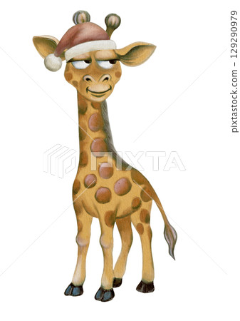 Cheerful giraffe wearing a Santa hat in a whimsical watercolor pattern for festive designs 129290979