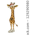 Cheerful giraffe in a Santa hat skating on ice for festive wrapping and textiles 129290980