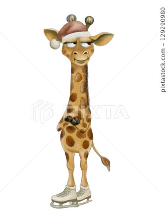 Cheerful giraffe in a Santa hat skating on ice for festive wrapping and textiles Cheerful giraffe in a Santa hat skating on ice for festive wrapping and textiles 129290980