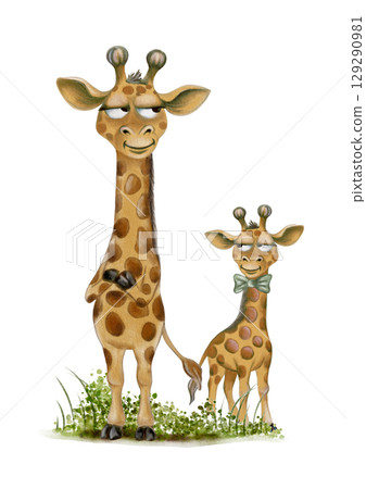 Playful giraffes with quirky expressions standing on grassy background in colorful watercolor style Playful giraffes with quirky expressions standing on grassy background in colorful watercolor style 129290981