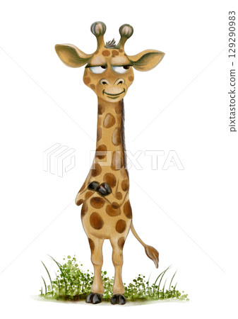 Whimsical watercolor giraffe character with a playful expression perfect for textile design 129290983