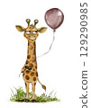 Fun giraffe holding a balloon against a clean white background with playful elements 129290985
