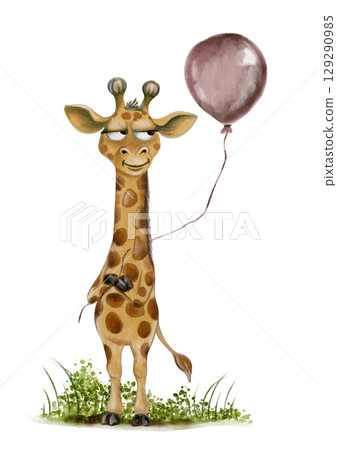 Fun giraffe holding a balloon against a clean white background with playful elements 129290985