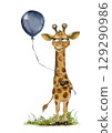 Playful giraffe holding a balloon in a charming watercolor style for textile design 129290986