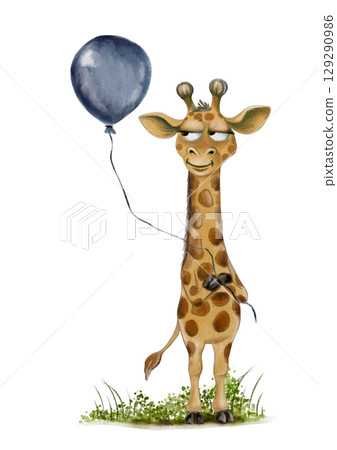 Playful giraffe holding a balloon in a charming watercolor style for textile design Playful giraffe holding a balloon in a charming watercolor style for textile design 129290986