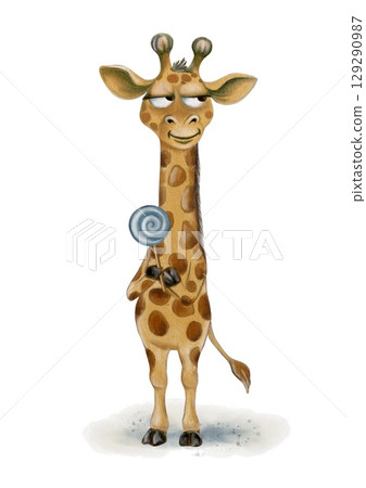 Whimsical giraffe character holding a lollipop in a playful pose for fun designs 129290987