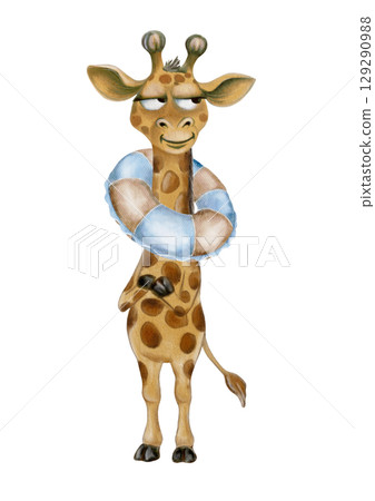 Playful giraffe character with lifebuoy design for fun textile patterns and children's decor 129290988