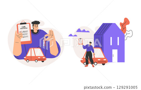 Illustrations of modern home and car management, highlighting advanced technologies and features Illustrations of modern home and car management, highlighting advanced technologies and features 129291005
