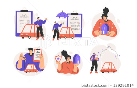 An illustration featuring car insurance procedures and the related concepts of protection An illustration featuring car insurance procedures and the related concepts of protection 129291014