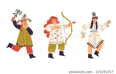 A collection of Stylized Native Characters depicted with a variety of Weapons and Bows 129291017