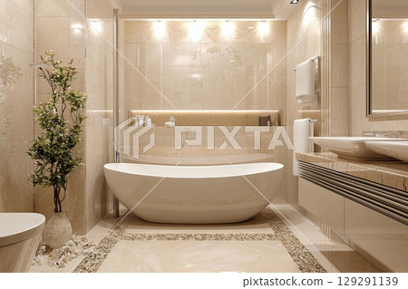Modern bathroom interior with freestanding bathtub, shower and natural light 129291139
