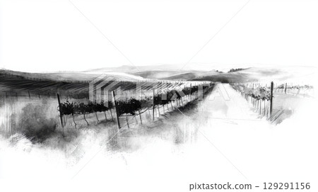 Black and white drawing of vineyard rows on countryside terrain with distant hills Black and white drawing of vineyard rows on countryside terrain with distant hills 129291156