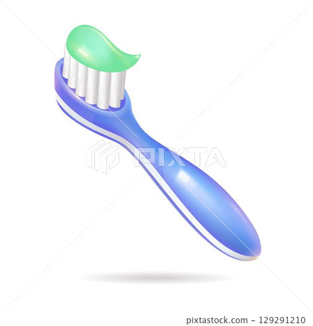 A bright blue toothbrush is covered in green toothpaste on top of it A bright blue toothbrush is covered in green toothpaste on top of it 129291210